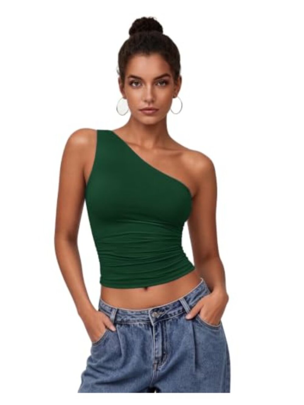 One Shoulder Crop Tank Top Double Lined Ruched Y2K Sleeveless Summer Cami
